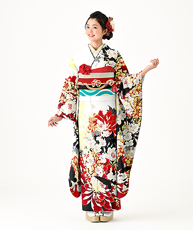 華やかな赤い振袖今だけ9000円！ 振袖： R2206華徒然×吉木千沙都華徒然×吉木千沙都 白x赤 牡丹に梅