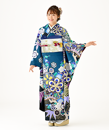 振袖レンタル衣装_70-HAF-C078S（青 レトロ・モダン 新鮮）