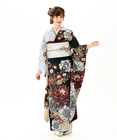 素敵な振り袖（踊り衣装） 振袖レンタル衣装_84-HAF-B016LLの詳細（青・黒 モード 大胆）｜成人式